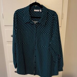 Teal Polka Dot Button-Up Blouse Susan Graver 22W